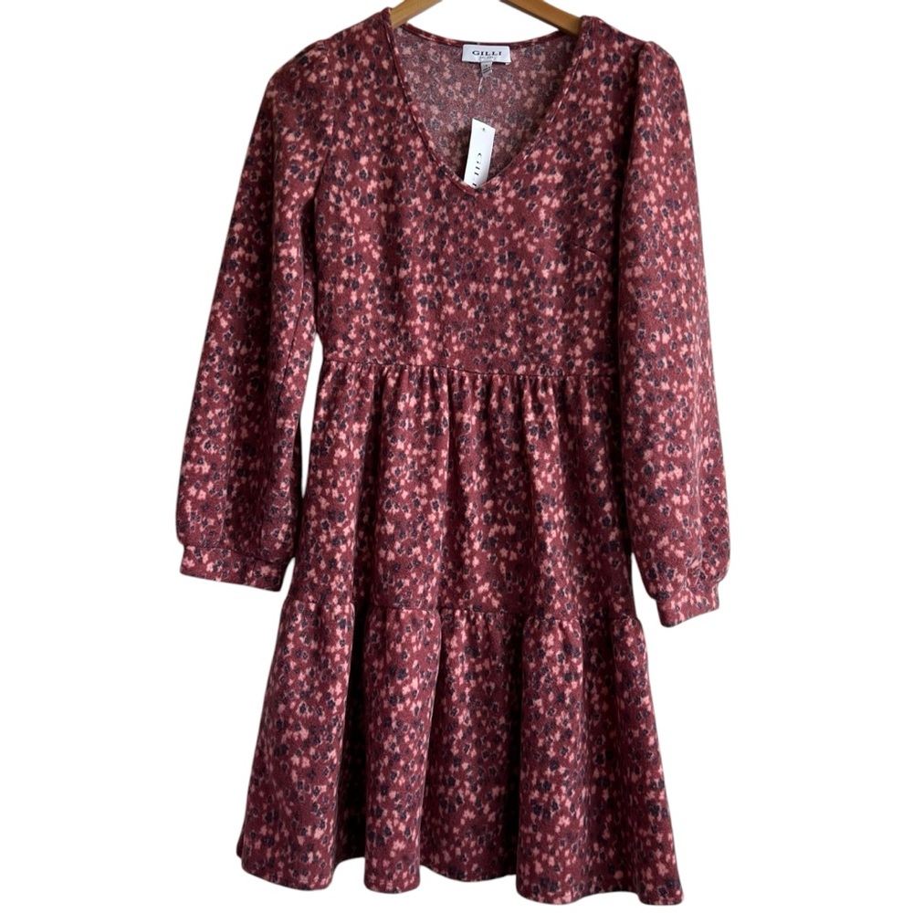 Gilli Women’s Fleece Floral Print Burgundy Tiered Dress Small Medium